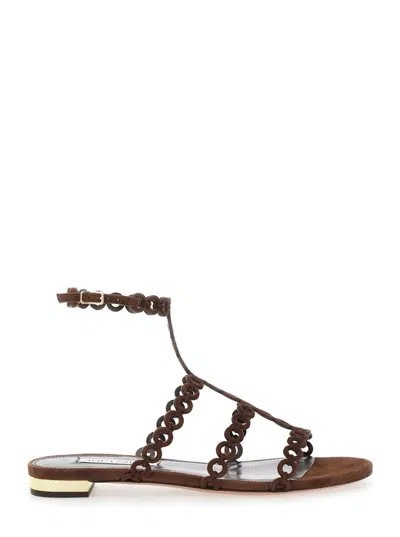 AQUAZZURA 'INFINITY CHAIN' BROWN SANDALS WITH ADJUSTABLE STRAP AND BUCKLE IN SUEDE WOMAN