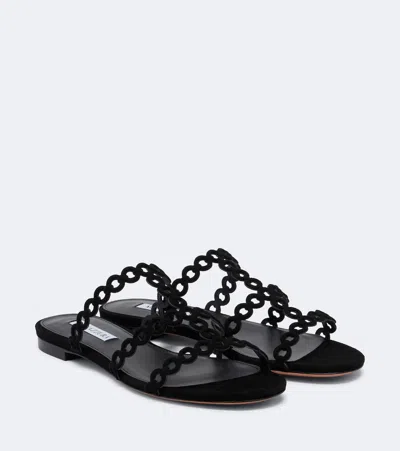 Aquazzura Infinity Chain Perforated Suede Flats In Black