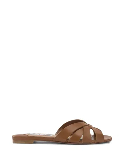Aquazzura Copacabana Flat Leather Strap Slide Sandal In Brown