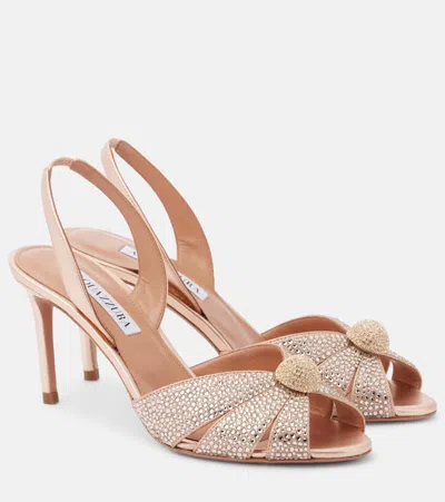 Aquazzura Italian Flirt 75 Crystal-embellished Metallic Leather Slingback Sandals In Pink