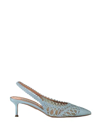 Aquazzura Kahlo 50 Embroidered Leather-trimmed Mesh Slingback Pumps In Blue