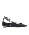 Aquazzura Gabi Lace-up Glossed-leather Point-toe Flats In Black
