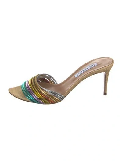 Pre-owned Aquazzura Leather Colorblock Pattern Slides In Silver