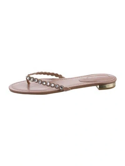 Pre-owned Aquazzura Leather Crystal Embellishments Flip Flops In Neutrals