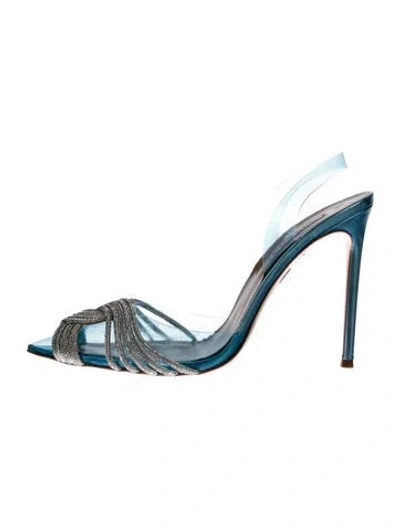 Pre-owned Aquazzura Leather Crystal Embellishments Mules In Blue