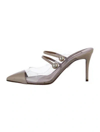 Pre-owned Aquazzura Leather Crystal Embellishments Mules In Silver