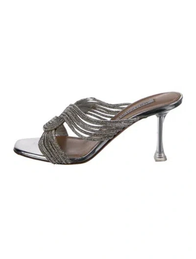 Pre-owned Aquazzura Leather Crystal Embellishments Slides