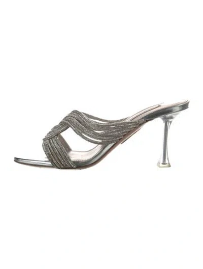 Pre-owned Aquazzura Leather Crystal Embellishments Slides