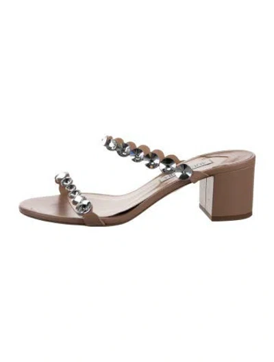 Pre-owned Aquazzura Leather Crystal Embellishments Slides In Neutral