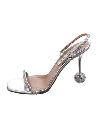 Pre-owned Aquazzura Leather Crystal Embellishments Slingback Sandals In Silver