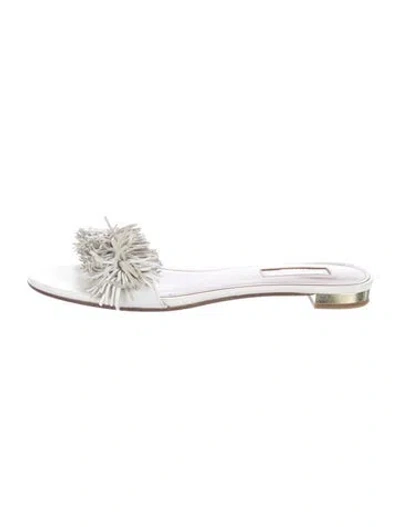 Pre-owned Aquazzura Leather Fringe Trim Accent Slides In White
