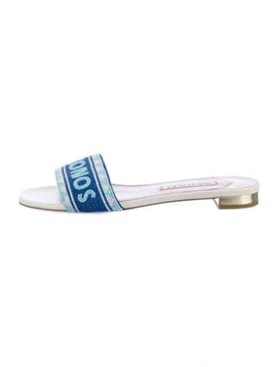 Pre-owned Aquazzura Leather Graphic Print Slides In Blue