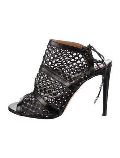 Pre-owned Aquazzura Leather Mesh Accents Mules In Black