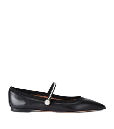 Aquazzura Romy Leather Pearly Mary Jane Ballerina Flats In Black
