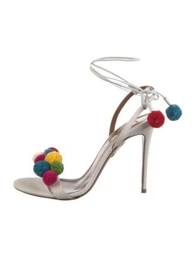 Pre-owned Aquazzura Leather Pom-pom Embellishments Sandals In White