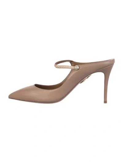 Pre-owned Aquazzura Leather Studded Accents Mules In Neutral