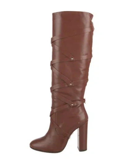 Pre-owned Aquazzura Leather Studded Accents Slouch Boots In Brown