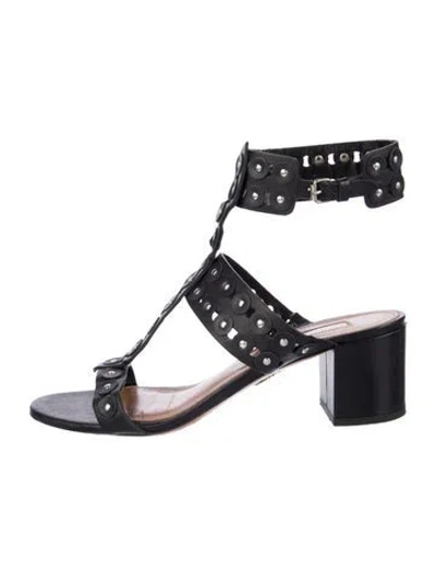 Pre-owned Aquazzura Leather Studded Accents T-strap Sandals In Black