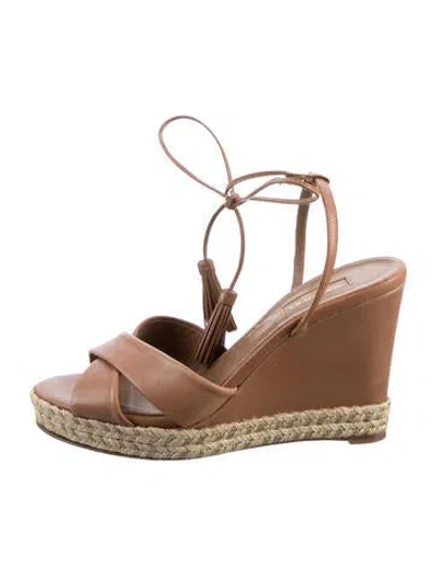 Pre-owned Aquazzura Leather Tassel Accents Espadrilles In Brown/metallic