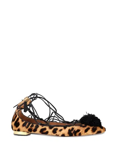 Pre-owned Aquazzura Leopard-print Lace-up Ballerina Flats In Neutral