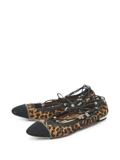 Pre-owned Aquazzura Leopard-print Tie-fastening Ballet Flats In Neutral