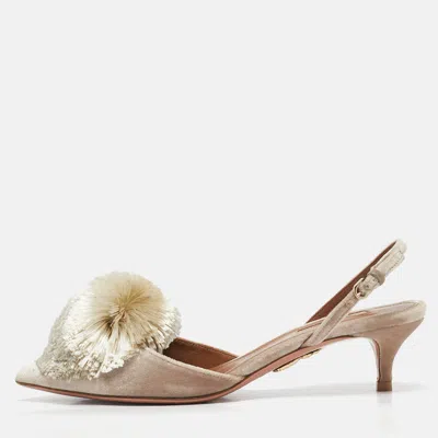 Pre-owned Aquazzura Light Grey Velvet Powder Puff Slingback Pumps Size 36
