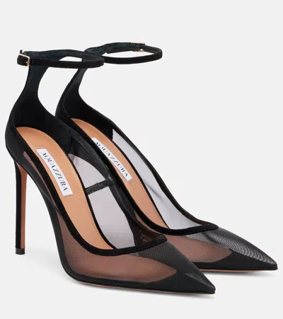 Aquazzura Love Affair 105 Suede-trimmed Mesh Pumps In Black