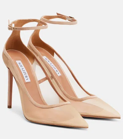 Aquazzura Love Affair 105 Suede-trimmed Mesh Pumps In Sand