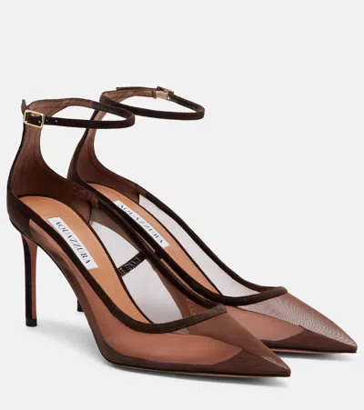 Aquazzura Love Affair 85 Suede-trimmed Mesh Pumps In Brown