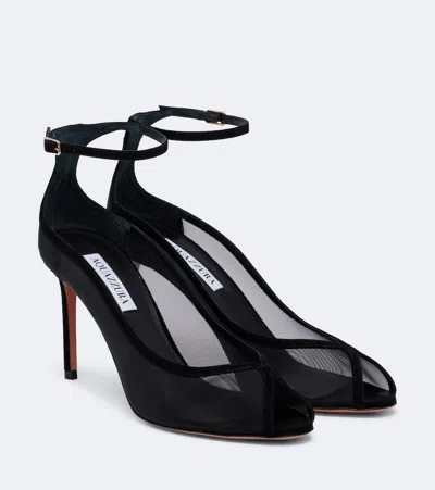 Aquazzura Love Affair Suede-trimmed Mesh Slingback Sandals In Black