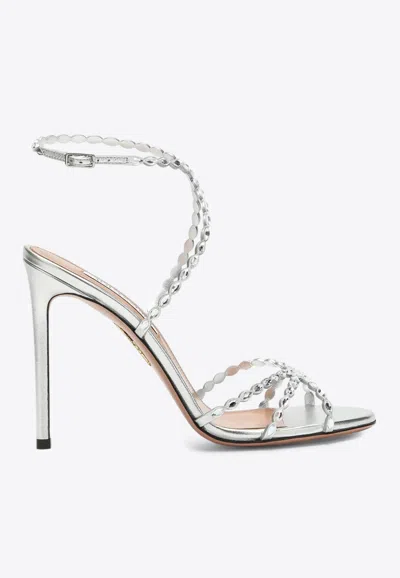 Aquazzura Love Struck 105 Metallic Leather Sandals In Silver