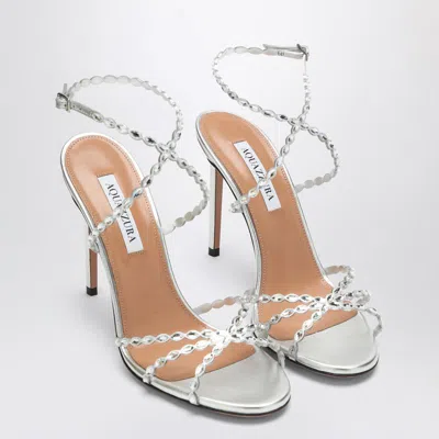 AQUAZZURA AQUAZZURA LOVE STRUCK SILVER SANDALS WITH CRYSTALS