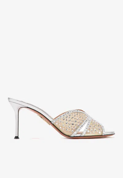 AQUAZZURA LOVER 75 CRYSTAL-EMBELLISHED MULES