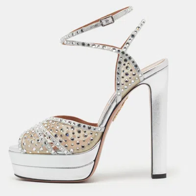 Pre-owned Aquazzura Lover Plateau Size 38 Silver Leather And Mesh Crystal Embellished Platform Ankle Strap Sandals