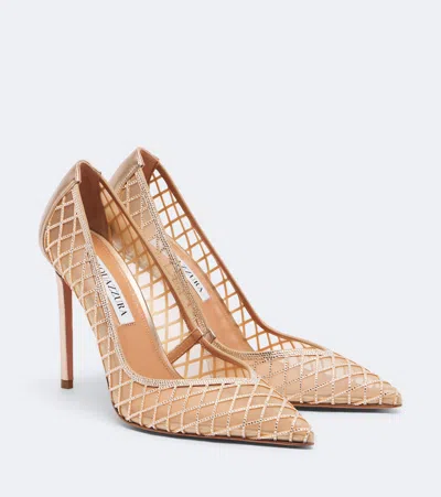 Aquazzura Lumiere Embellished Mesh Pumps In Gold | ModeSens