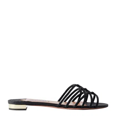 Aquazzura Luna Raffia-trimmed Cord Slides In Black