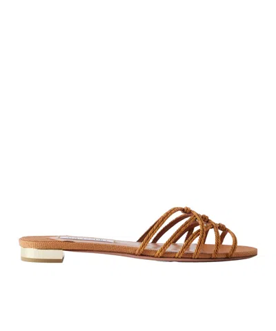 Aquazzura Luna Raffia-trimmed Cord Slides In Brown
