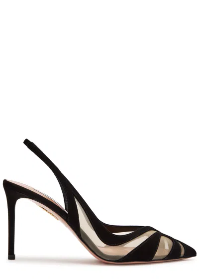 Aquazzura Lune 85 Mesh-trimmed Suede Slingback Pumps In Black