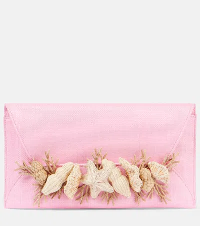 Aquazzura Marea Small Raffia-trimmed Clutch In Pink