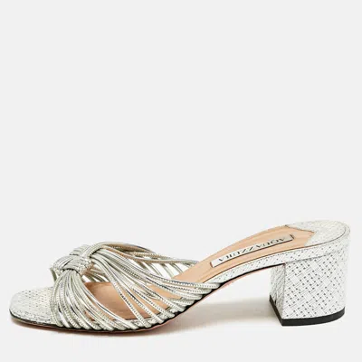 Aquazzura Metallic Silver Leather Club Twist Slide Sandals