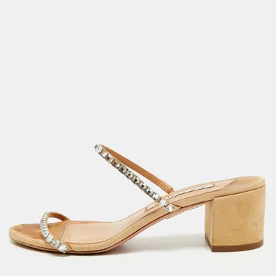 Pre-owned Aquazzura Midnight Size 36 Beige Suede Crystal Embellished Slide Sandals