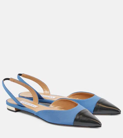 Aquazzura Milanese Leather-trimmed Grosgrain Slingback Flats In Blue