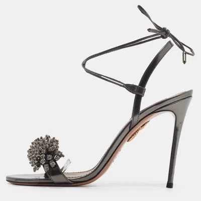 Pre-owned Aquazzura Monaco Size 38 Metallic Bronze Leather Embellished Ankle Strap Sandals In Silver