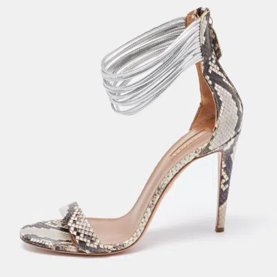 Pre-owned Aquazzura Monochrome Python Embossed Spin Me Around Strappy Sandals Size 41 In Brown