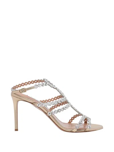 Aquazzura Laminated Leather Sandals With Crystal-adorned Chain Pattern In White