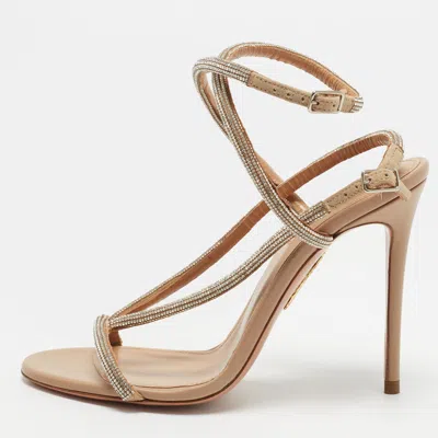 Pre-owned Aquazzura Moondust Size 35 Beige Leather Crystal Embellished Ankle Strap Sandals