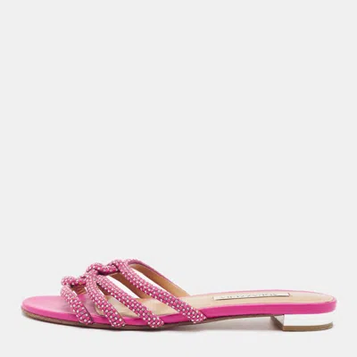 Pre-owned Aquazzura Moondust Size 38.5 Pink Leather Crystal Embellished Flat Slide