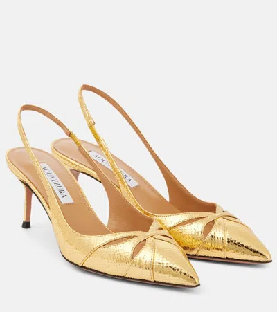 Aquazzura Moves 65 Snake-effect Leather Slingback Pumps In Gold