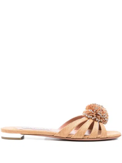 Aquazzura Movida Crystal-embellished Pom-pom Sandals In Neutral