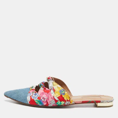 Pre-owned Aquazzura Multicolor Floral Fabric And Denim Mondaine Flat Mules Size 39